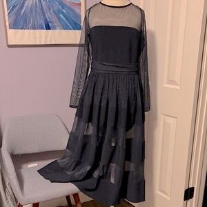 Betsy & Adam Navy Long Sleeve Dress with Sheer Details & Full Skirt